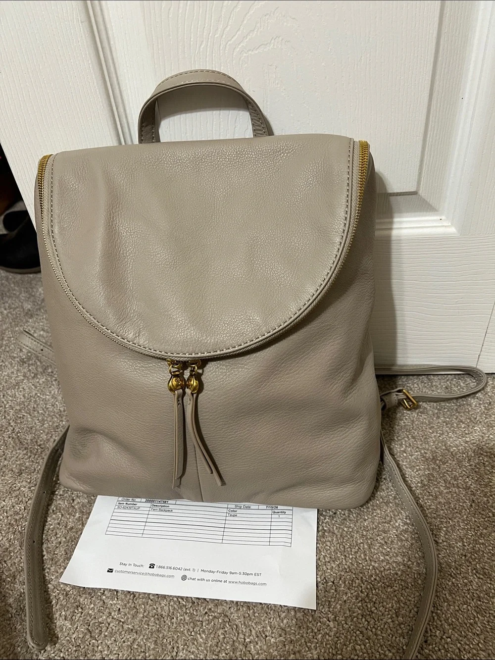 HOBO Taupe Leather Backpack with Gold Hardware